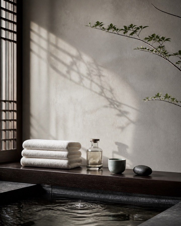 Fresh towels, massage oil and celadon beside calm water