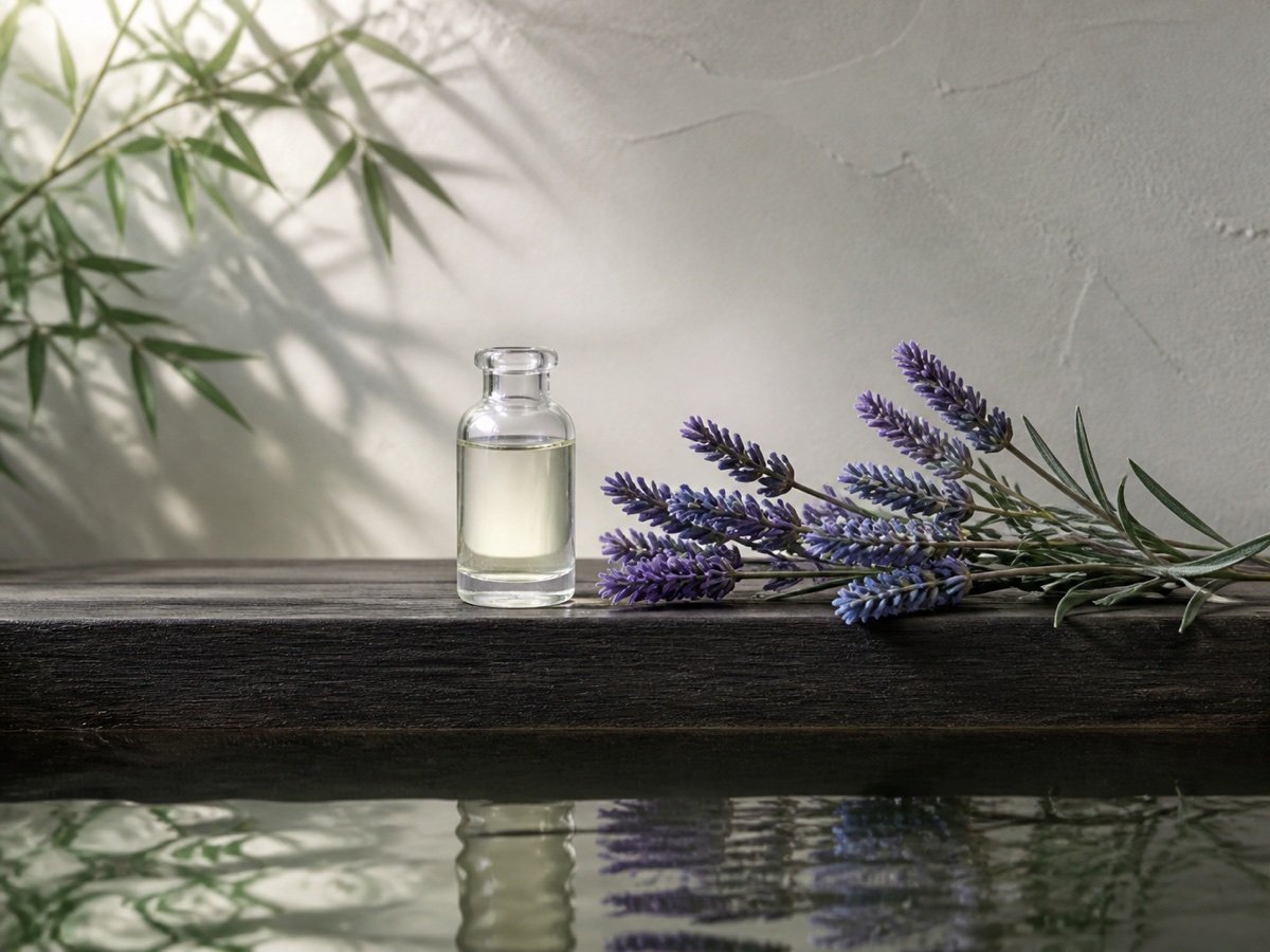 Lavender essential oil with lavender flowers