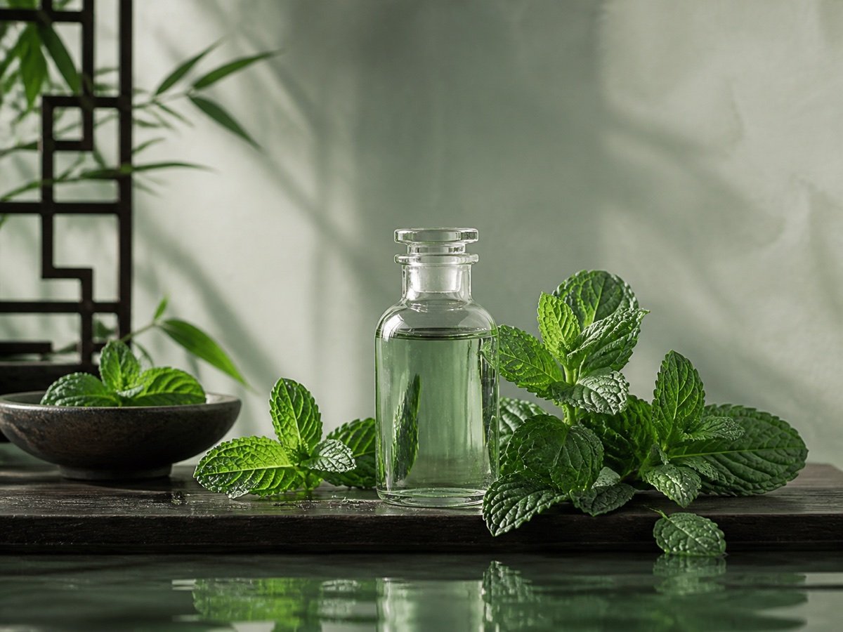 Peppermint wellness oil with fresh peppermint leaves