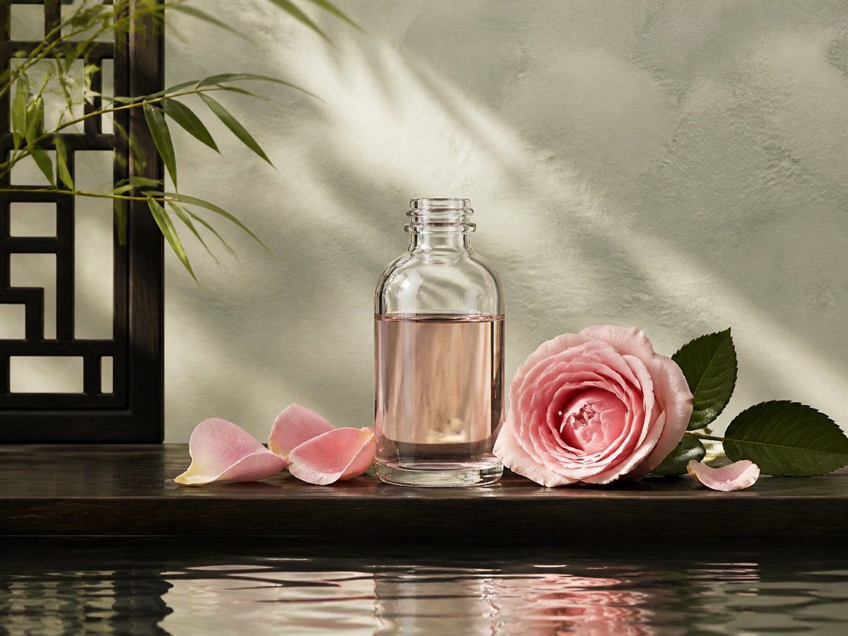 Rose essential oil with soft pink roses